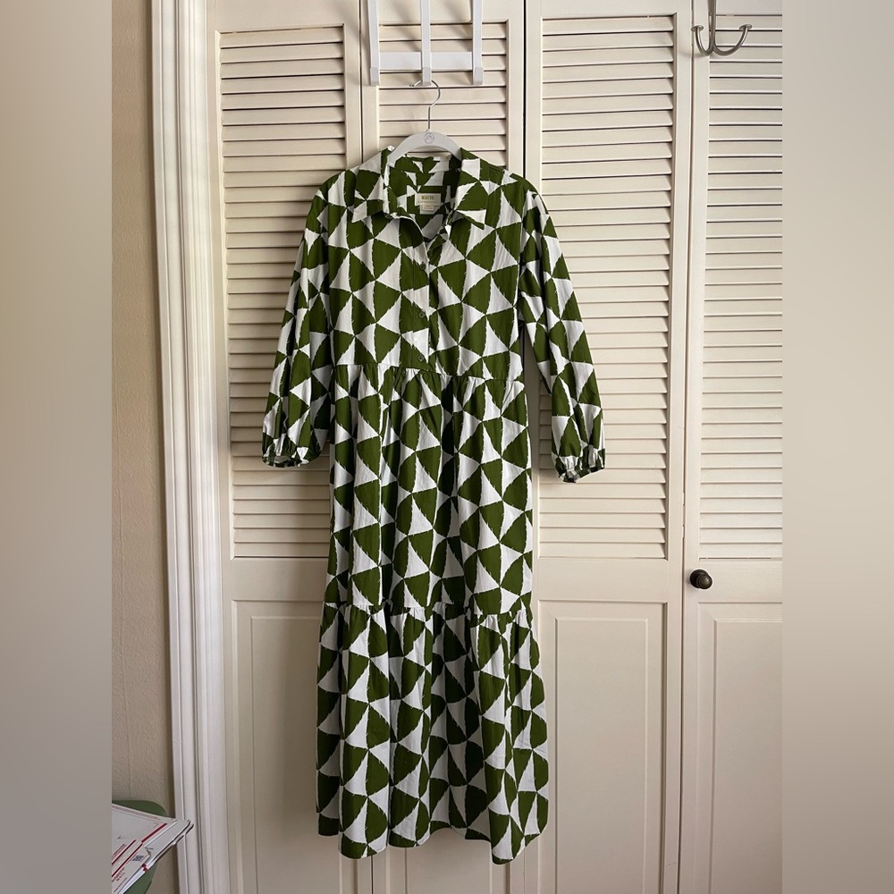 Maeve for Anthropologie Green and White Tiered Shirt Dress